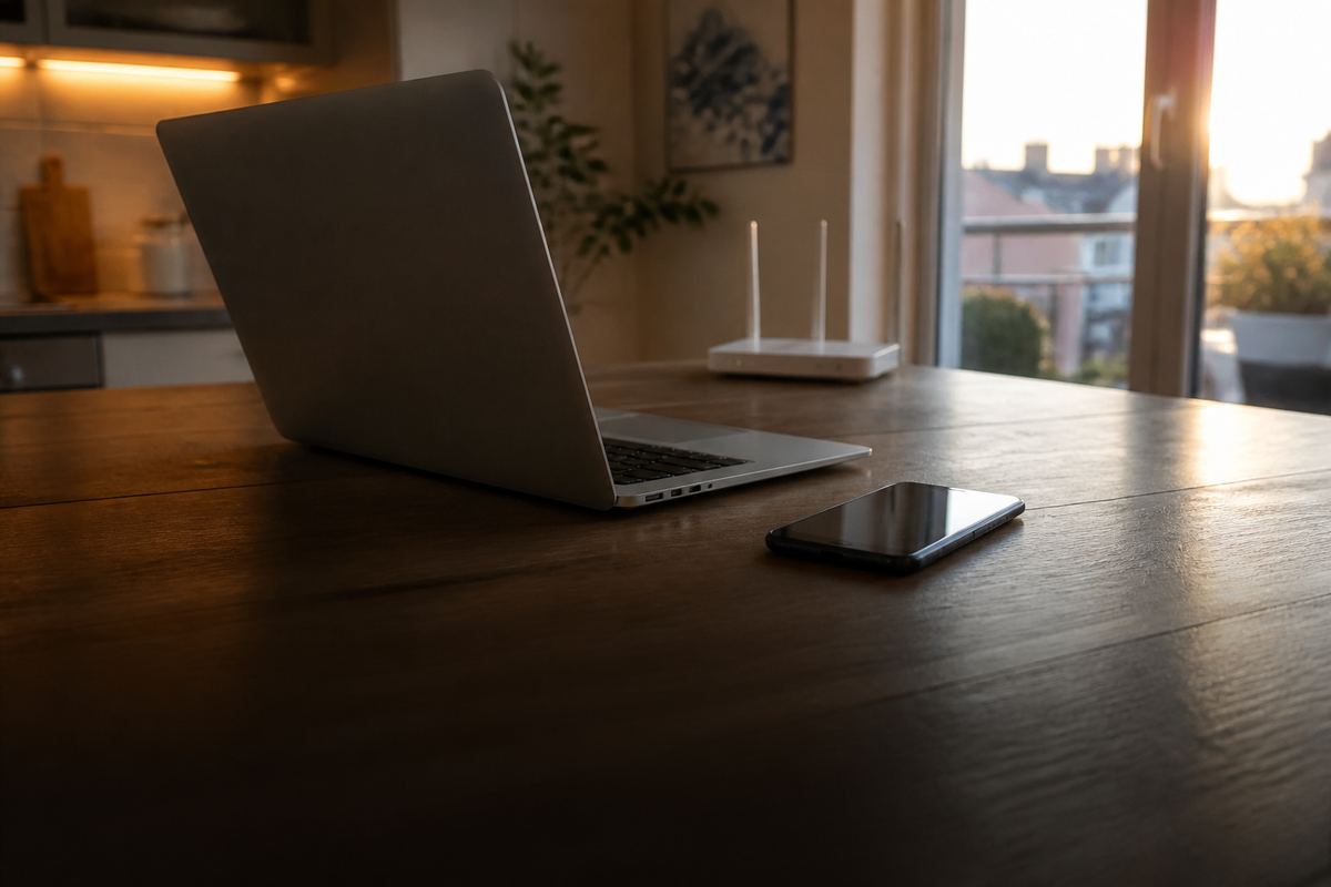Laptop, phone, and home Wi-Fi router on a table