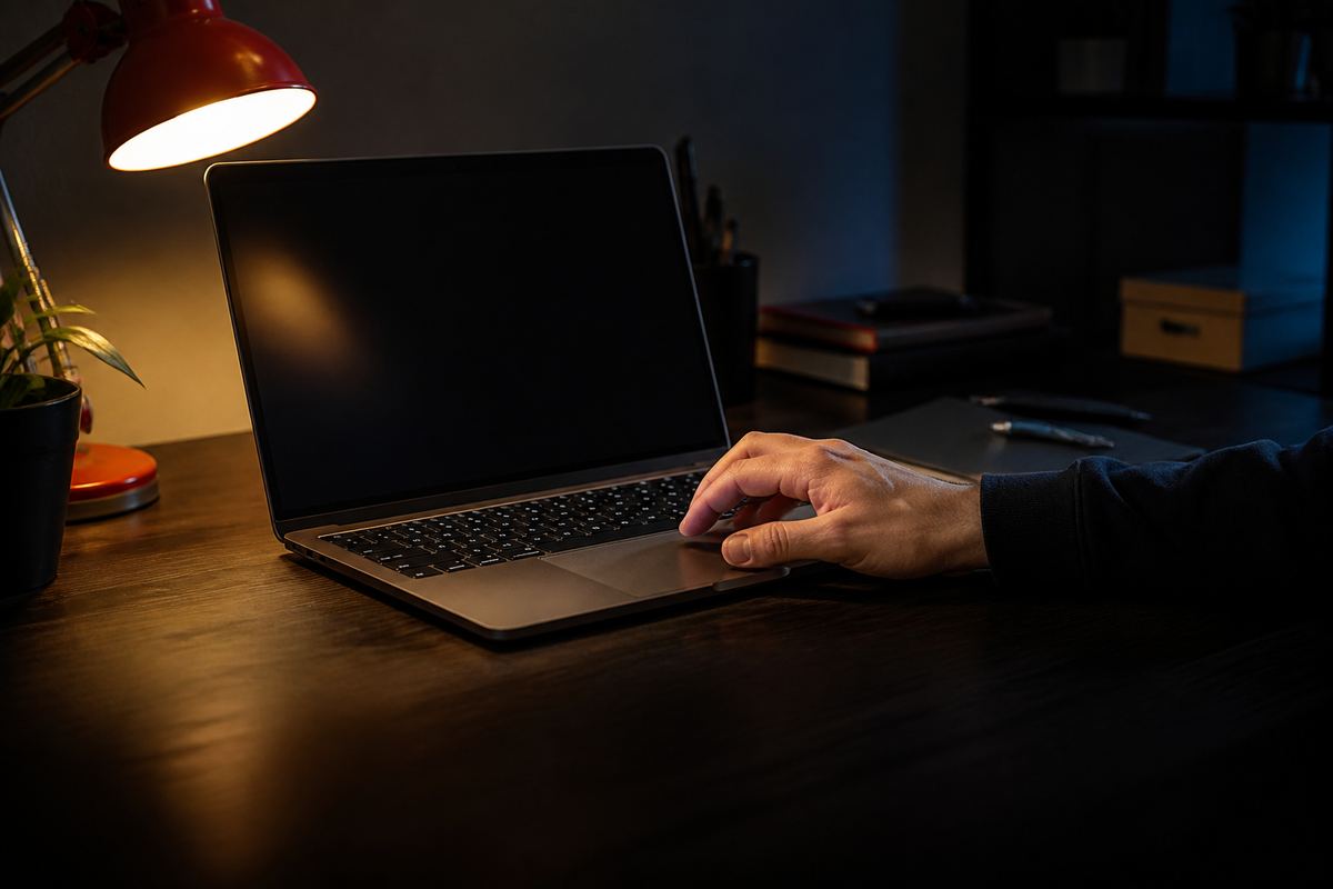 Hand on a laptop trackpad at a desk