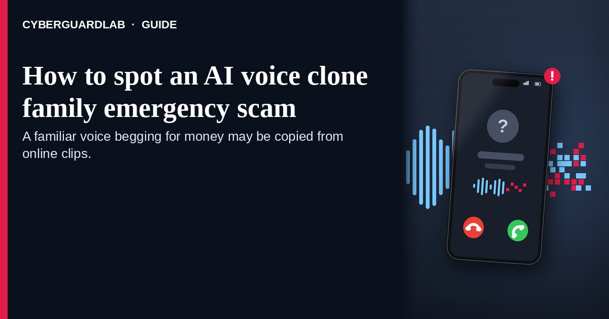 Incoming call screen with a voice waveform that breaks into pixel blocks, warning of an AI-cloned family voice