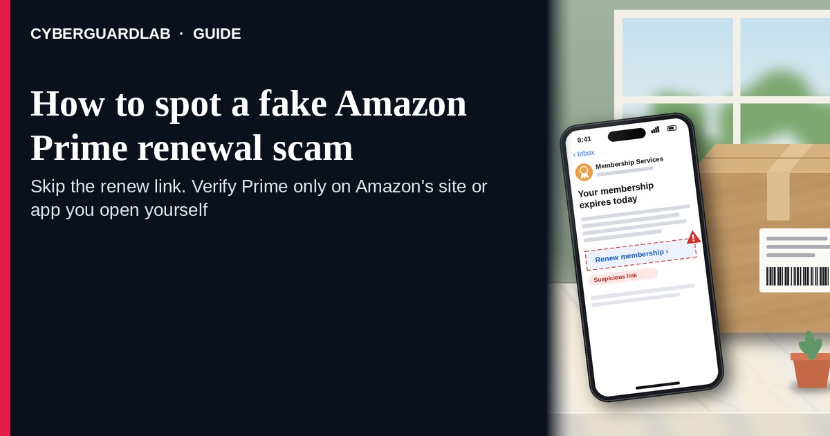 Phone next to a delivery box showing an email from Membership Services, your membership expires today, with a Renew membership button flagged as a suspicious link