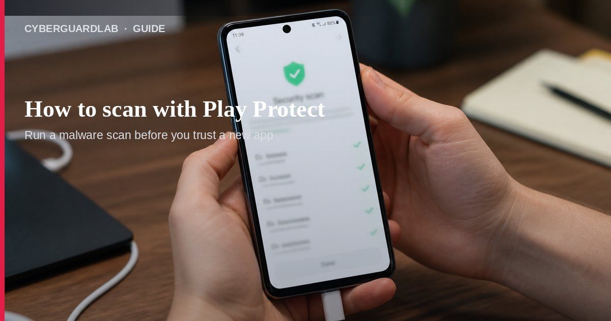 Hands holding a phone showing a Play Protect security scan