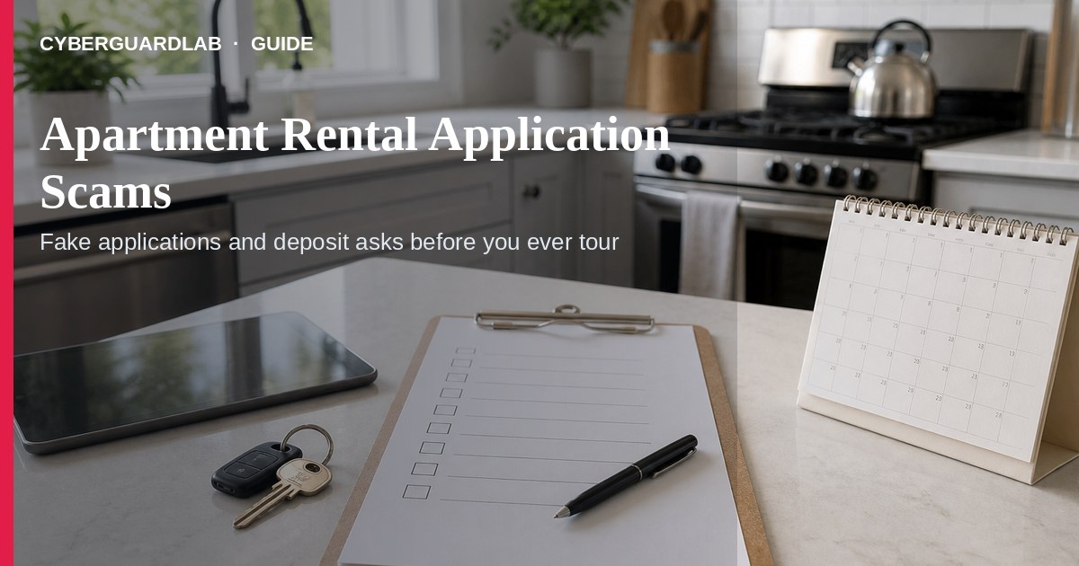US apartment building entry with a phone showing a too-good rental listing and an application-fee payment ask in soft daylight