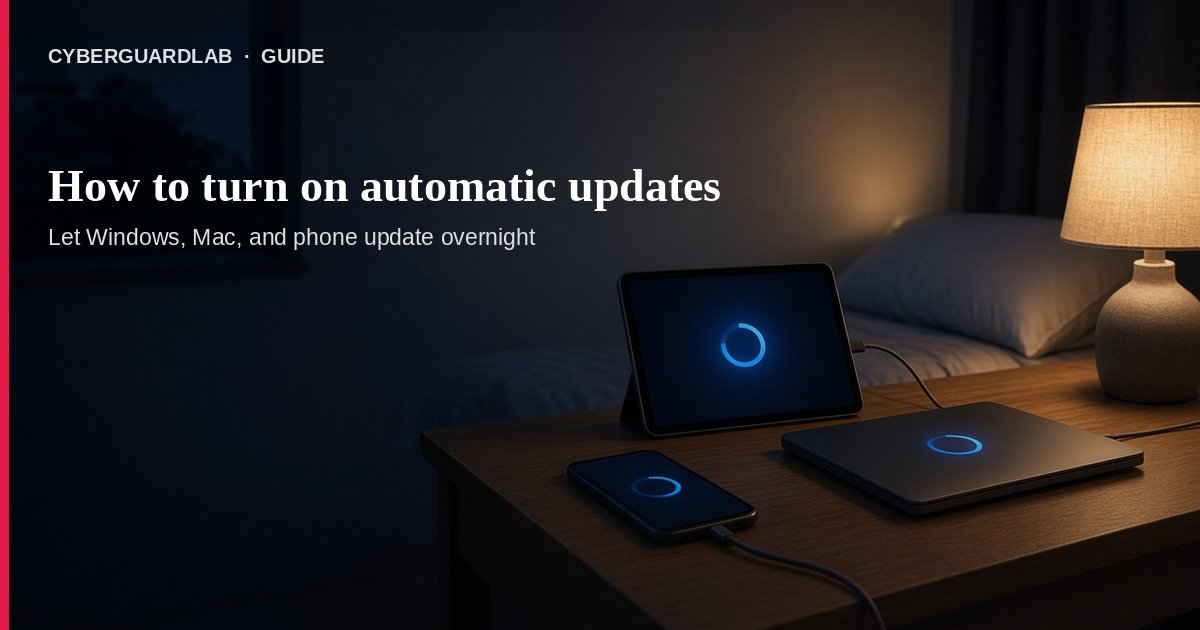 Windows laptop, MacBook, iPhone, and Android phone on a nightstand with an overnight update progress ring