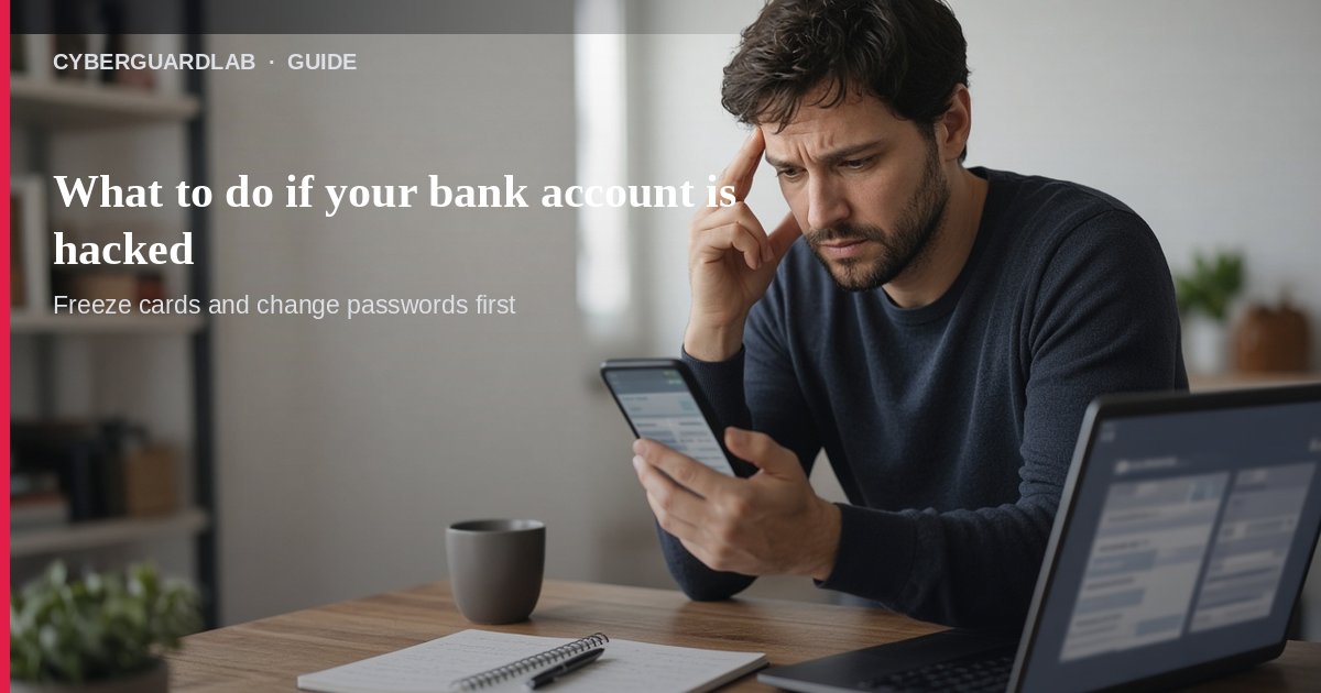 Home desk with a checking statement, phone banking app open to call us, and a crossed-out sticky note that says don’t move money to protect it