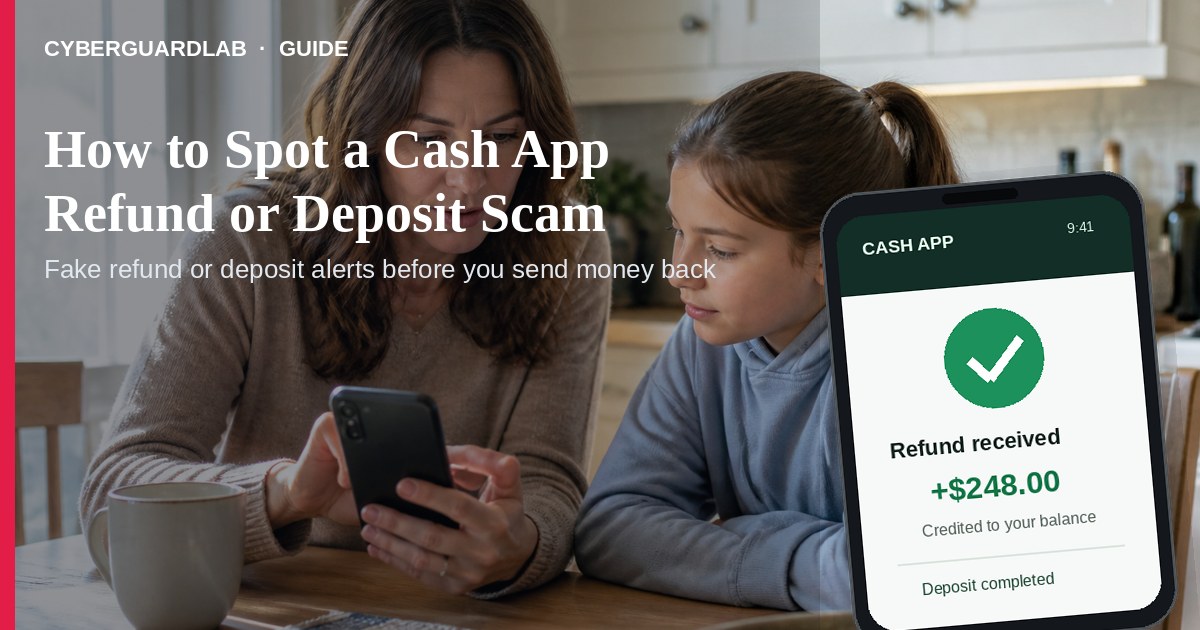 US kitchen table with a phone showing a fake Cash App refund deposit beside a bank card in soft daylight