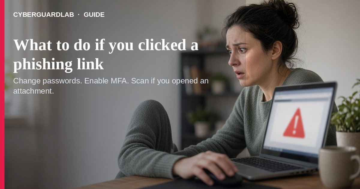 Home desk with a phone showing a suspicious link and a laptop open to a password-change screen while a calm adult takes notes