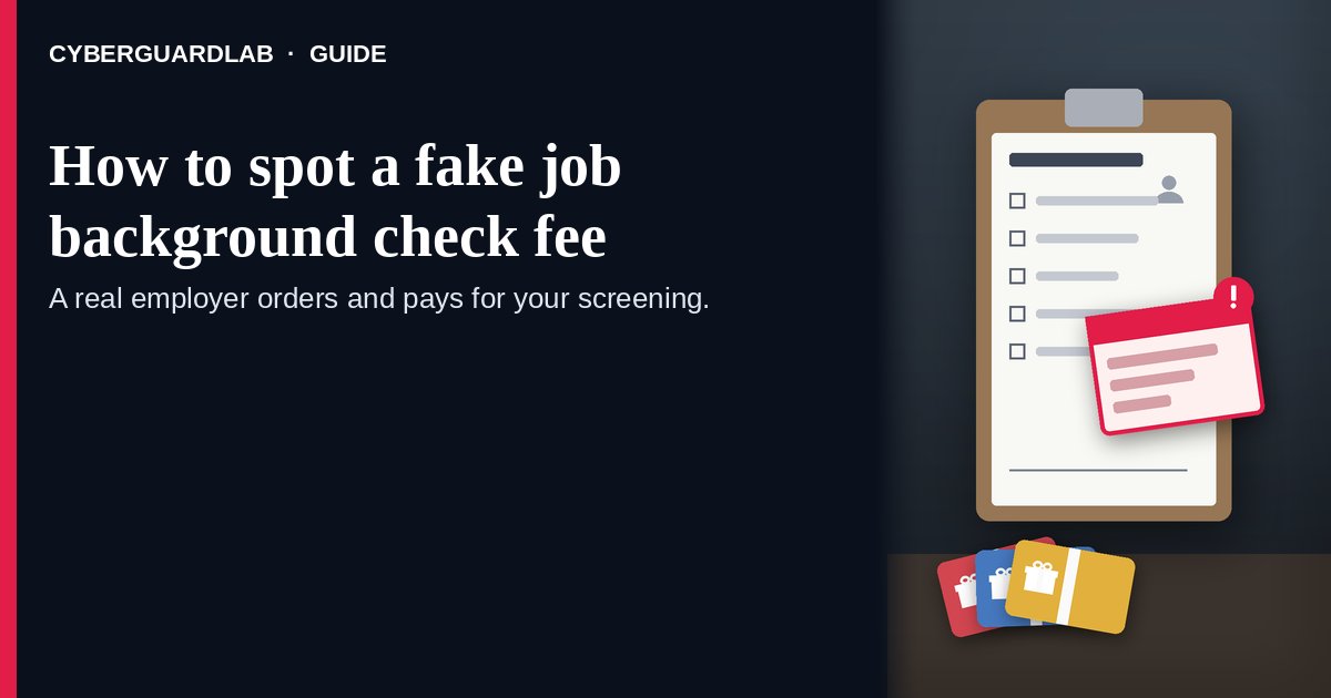 Clipboard with a blank background-check form under a red fee invoice, beside a stack of blank gift cards
