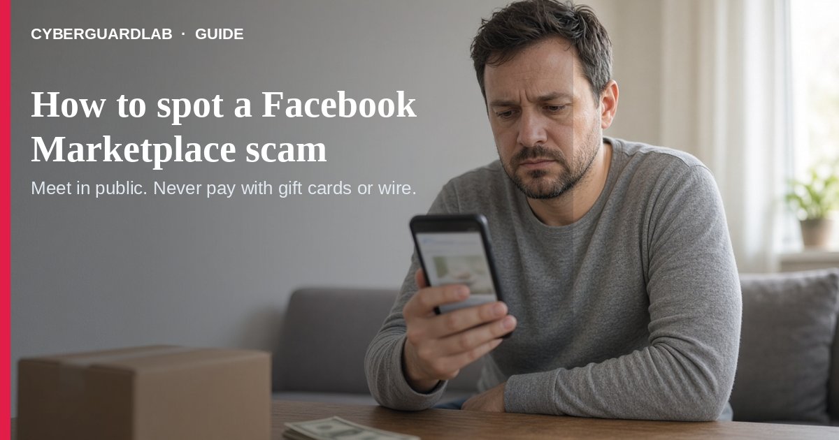 US kitchen table with a phone showing a Marketplace listing and a suspicious payment message in soft daylight