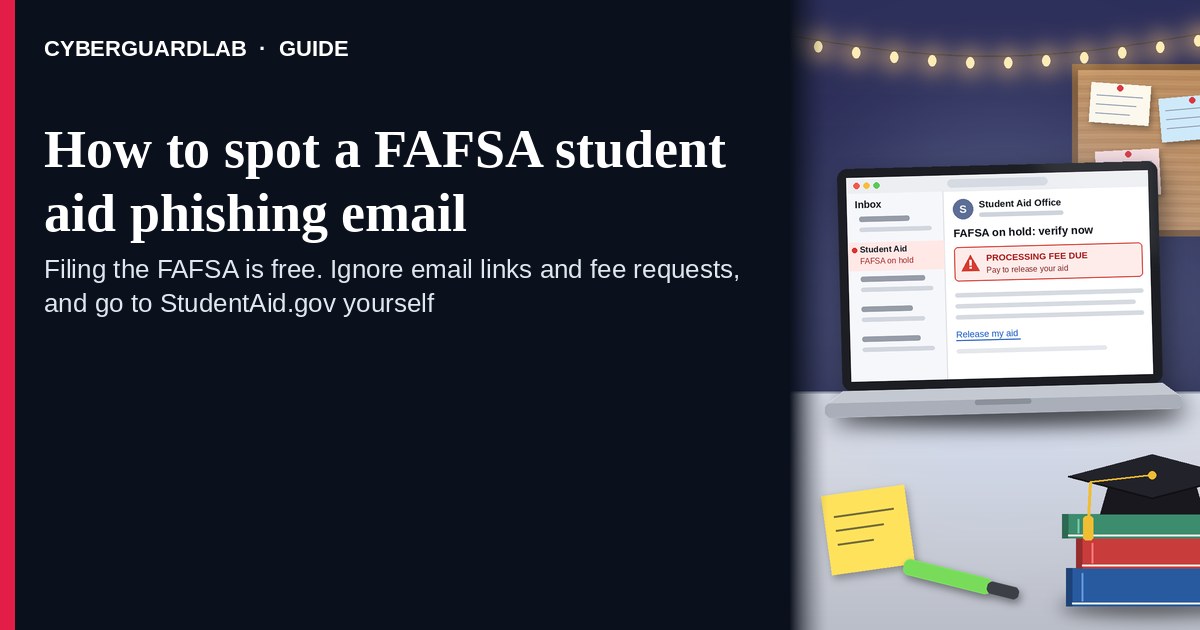 Laptop inbox showing a Student Aid Office email, FAFSA on hold: verify now, with a processing fee due warning and a Release my aid link