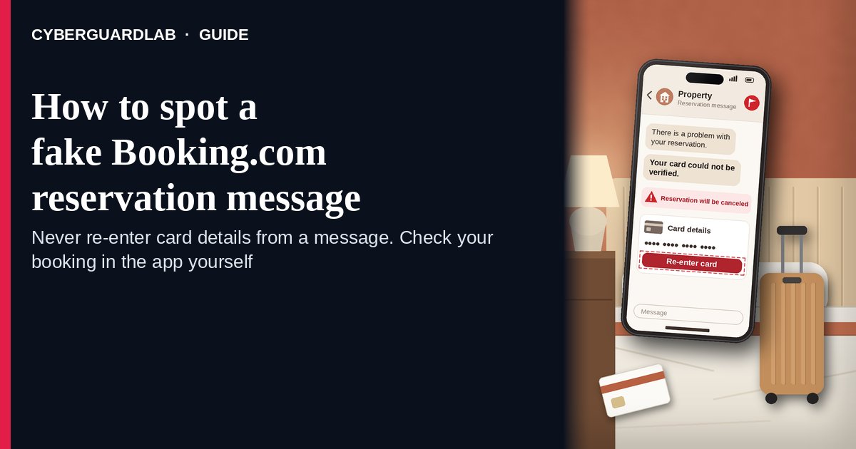 Phone in a hotel room showing a “Property” message that says the card failed and asks to “Re-enter card,” beside a suitcase and key card