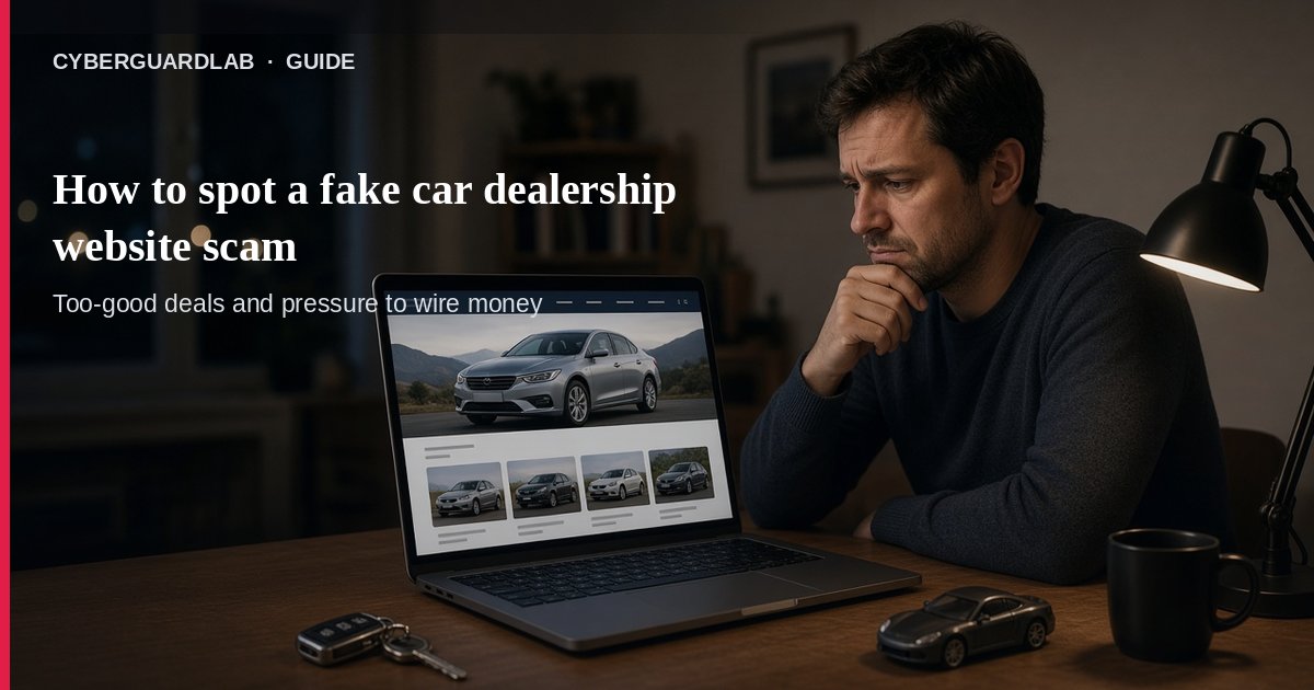 Laptop showing a glossy car listing with a caution cue on a household desk