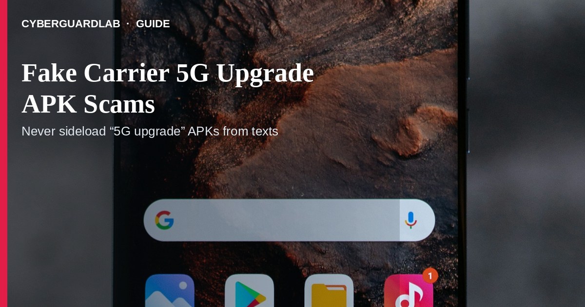 Phone SMS with a fake carrier 5G upgrade APK download link.