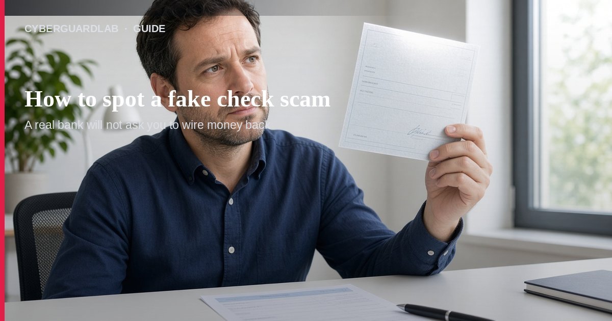 Man in an office holding up a paper check with a skeptical look