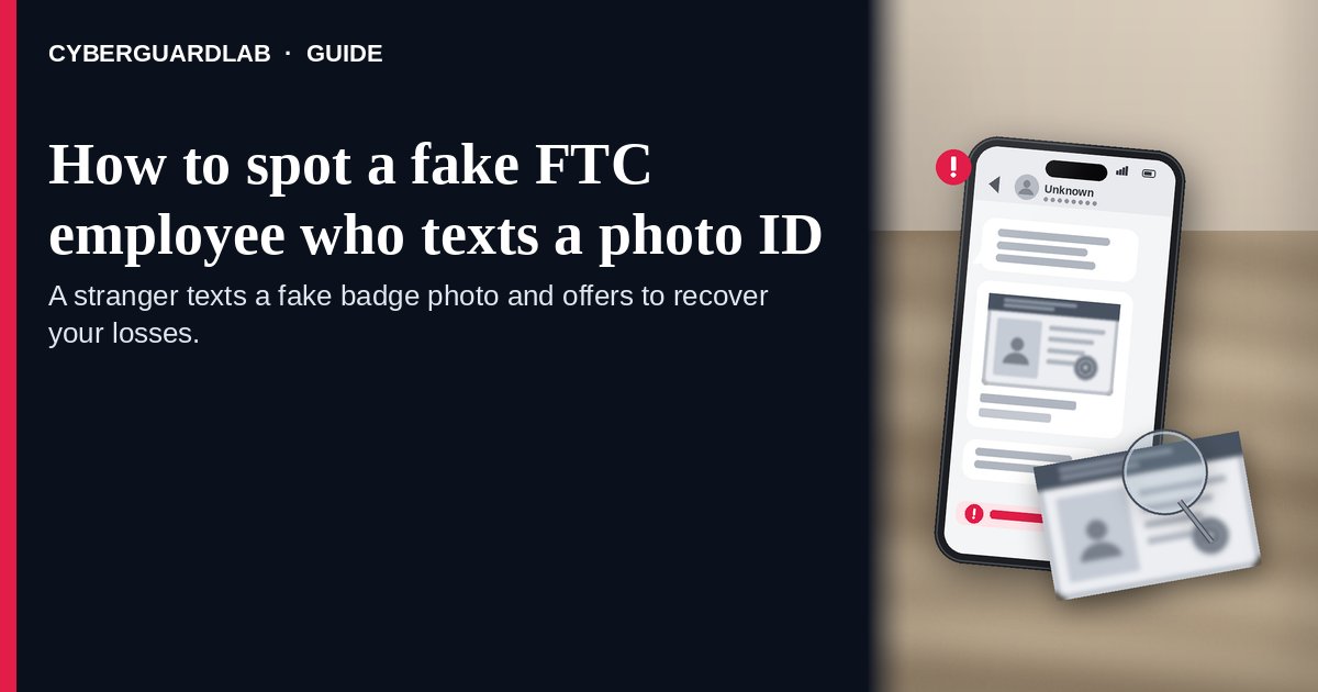 A warm wooden desk with a phone showing an Unknown-number text that includes a fake employee ID photo, and a paper badge with a hexagonal fake seal under a magnifying glass, with no real FTC marks, seals, flags, or numbers.