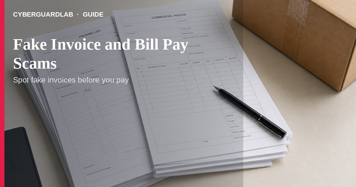 US kitchen table with a printed fake utility invoice beside a phone showing a phishing pay link