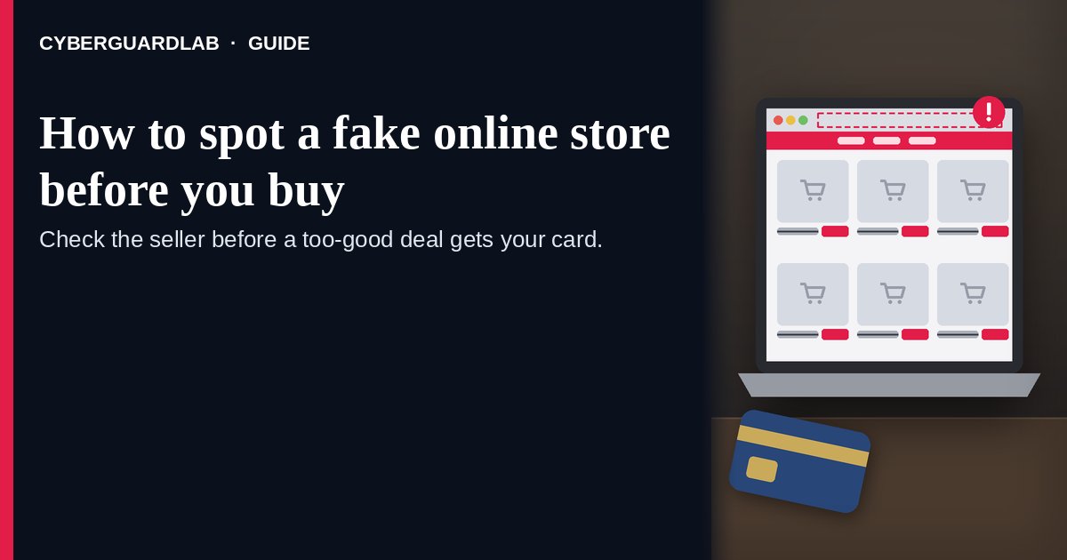 Laptop at dusk showing a copycat store product grid with red slashed price tags, an address bar without a padlock in a red dashed box, and a plain bank card on the desk