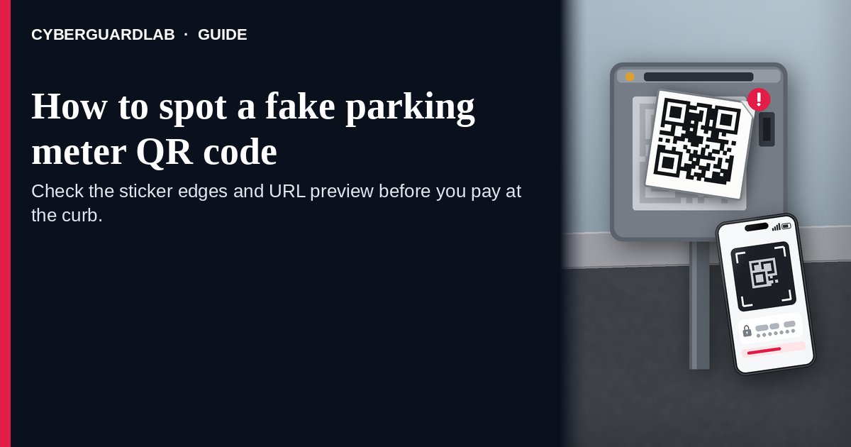 A curb parking pay station with a raised crooked fake QR sticker over a faint official plate, beside a phone showing masked URL bars.