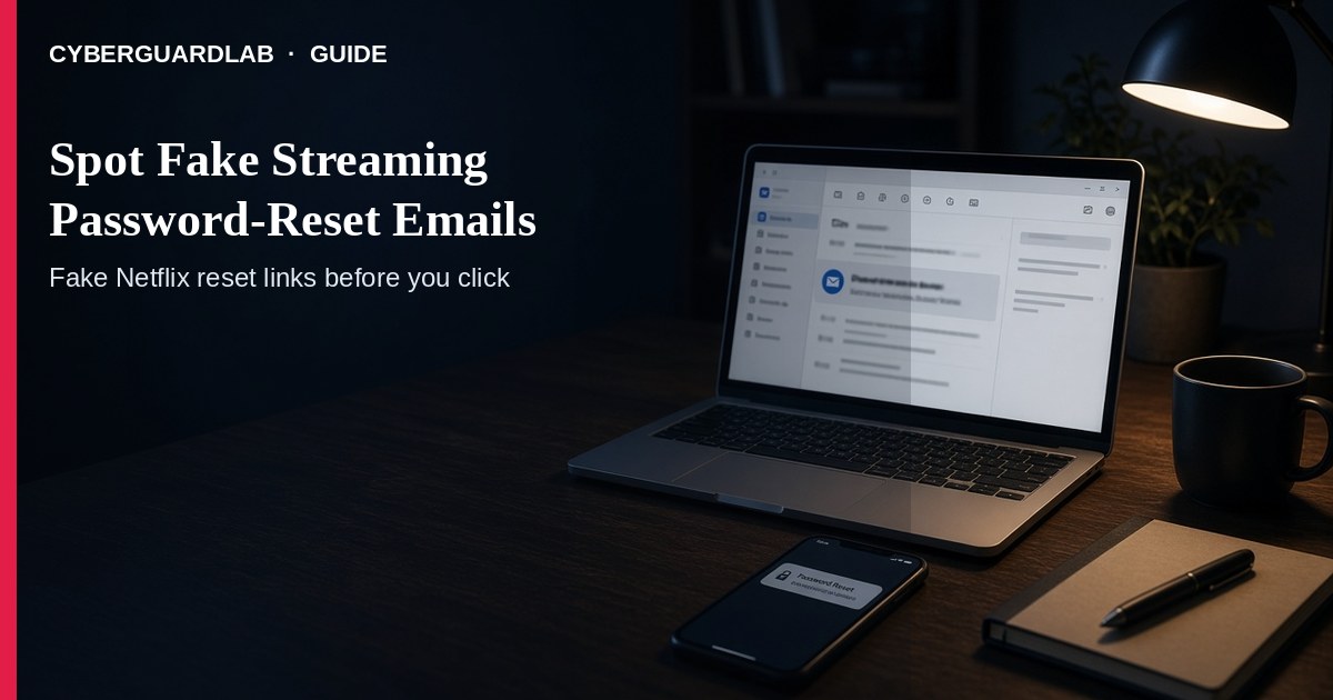 Laptop inbox showing a fake Netflix password-reset email beside the real netflix.com bookmark