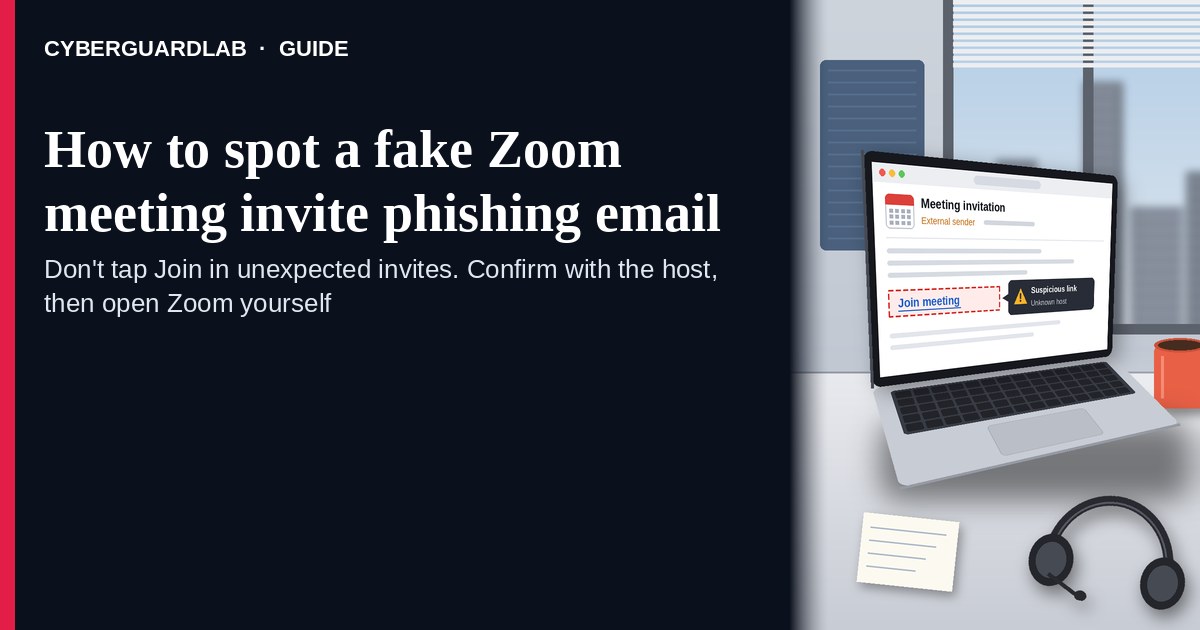 Laptop on a desk showing a Meeting invitation email from an external sender, with the Join meeting link flagged as a suspicious link from an unknown host