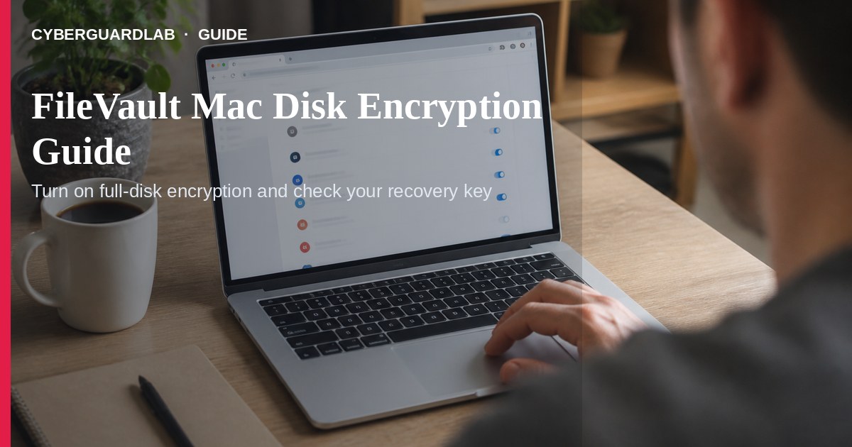 MacBook on a US home desk with System Settings Privacy and Security open to FileVault in calm daylight