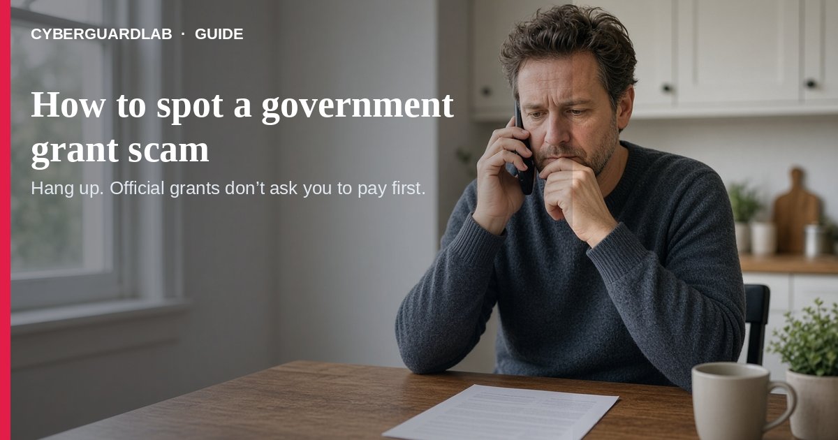 US kitchen table with a laptop showing a suspicious free government grant email and a phone beside it in soft daylight