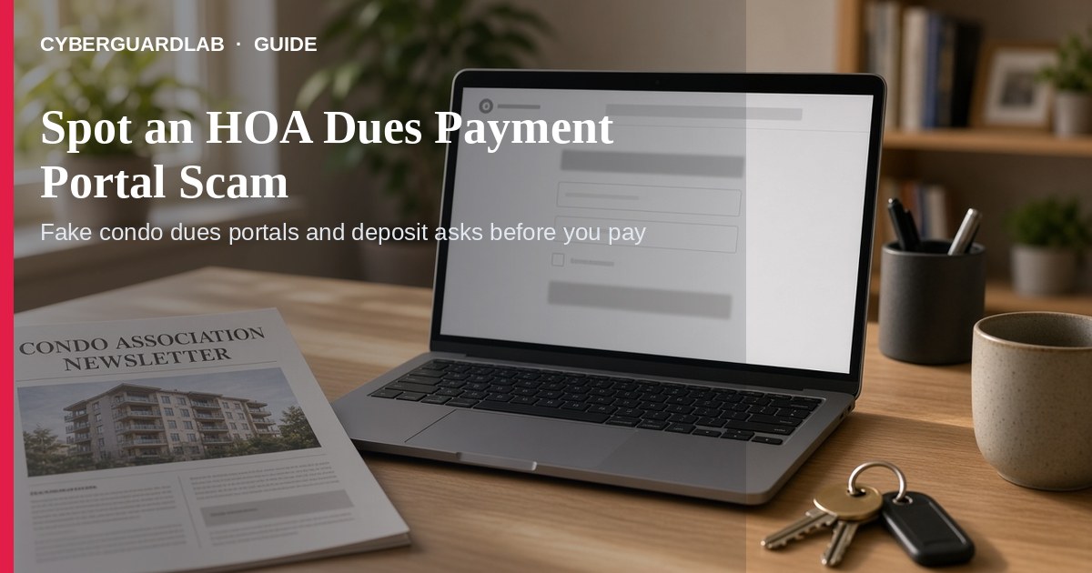 HOA statement beside a laptop showing a suspicious new resident payment portal