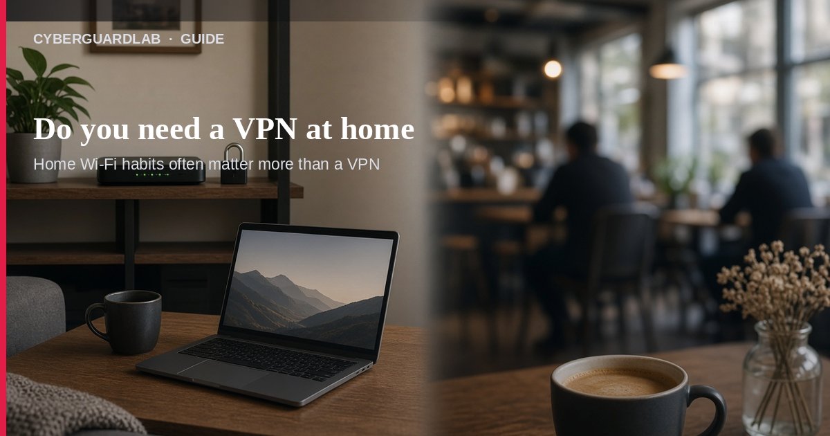 Living-room router glowing safely next to a café laptop on public Wi-Fi with a small lock icon