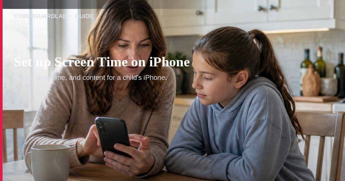 Parent setting Screen Time parental controls on an iPhone at a kitchen table