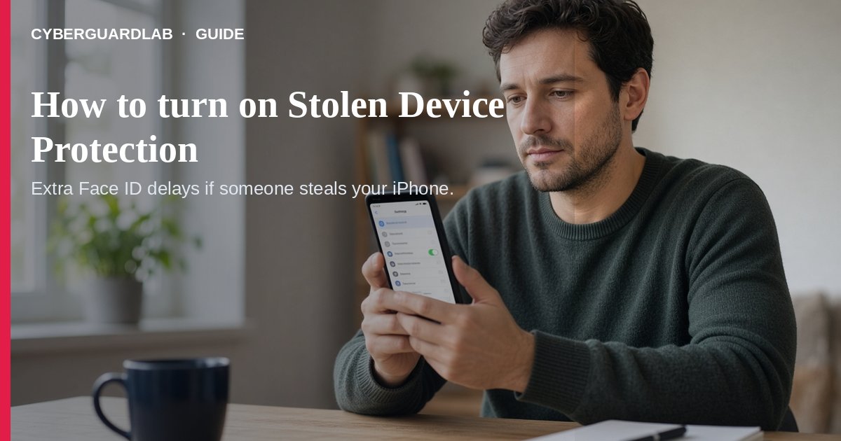 Person enabling Face ID and Passcode then Stolen Device Protection on an iPhone at a kitchen table in soft daylight