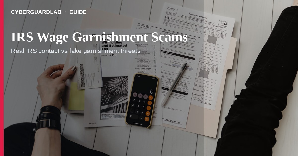 US kitchen table with a phone showing a fake IRS wage garnishment alert beside tax mail