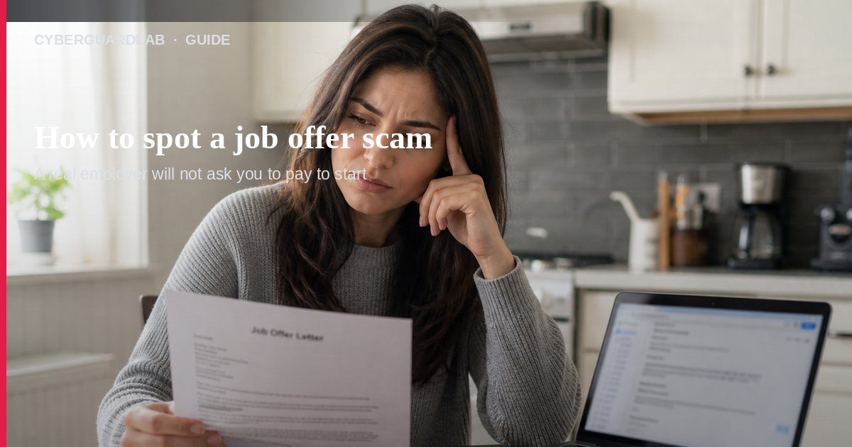 Woman at a kitchen table reading a job offer letter beside a laptop