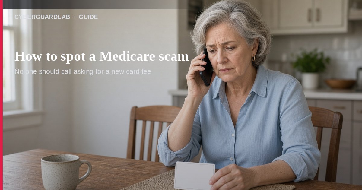 Kitchen table with a Medicare card face-down beside a ringing phone labeled new card fee