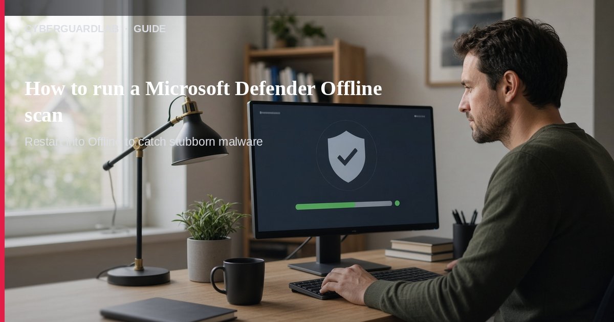 Windows laptop on a desk showing Windows Security Virus and threat protection scan options, not a scareware popup