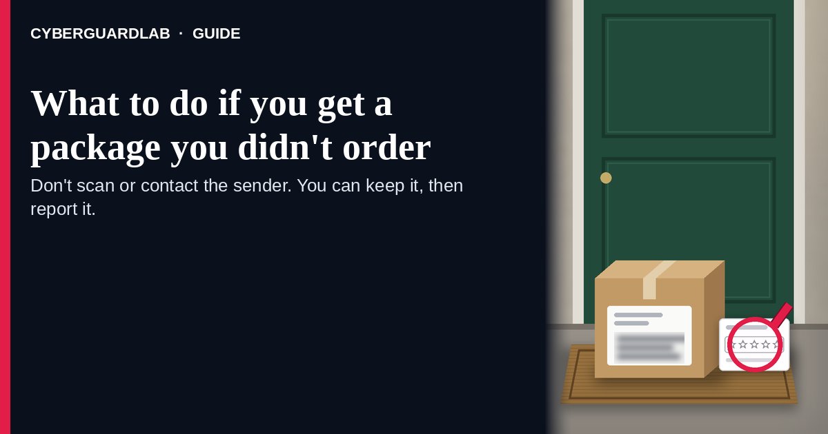 An unordered cardboard box on a doormat in front of a green door, with a blank shipping label and a blurred address, beside an empty five-star review card under a magnifying glass.