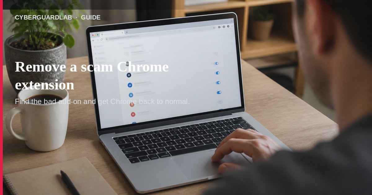 Chrome extensions page on a laptop with an unknown add-on highlighted for removal