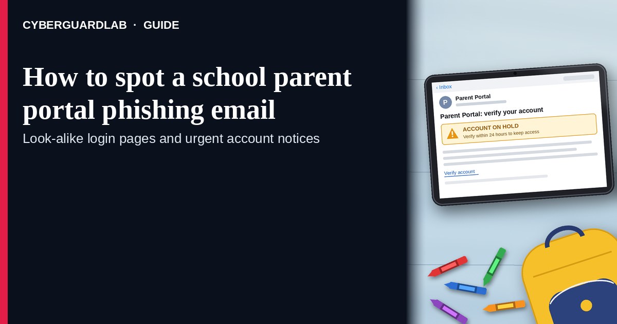 Tablet inbox showing a Parent Portal email saying account on hold, verify within 24 hours