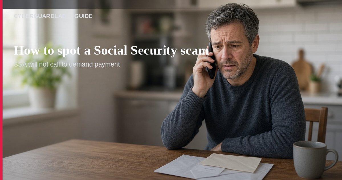 Kitchen table with a landline phone, face-down Social Security card sleeve, and a notepad that says hang up and call SSA
