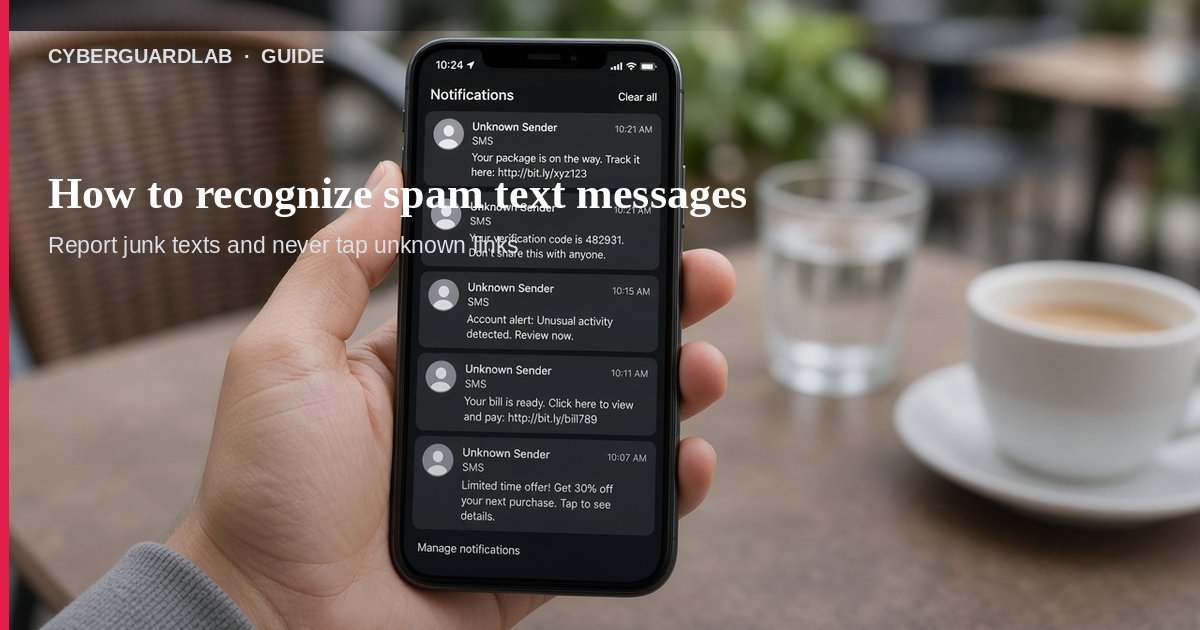 Hand holding a phone showing Unknown Sender spam text notifications at a cafe