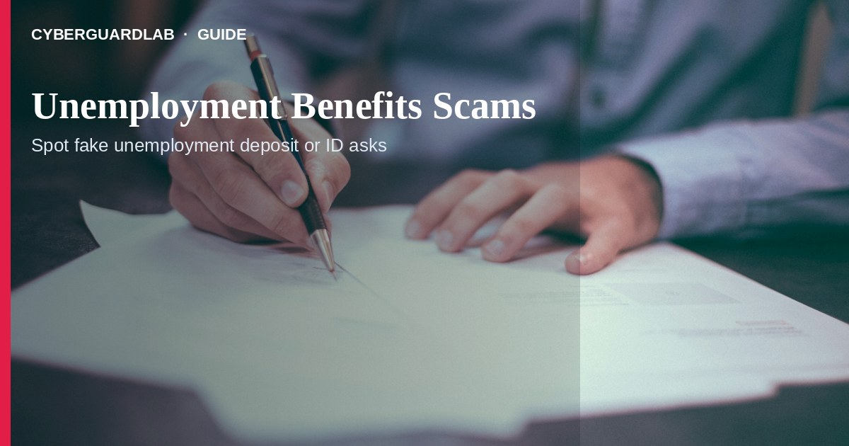 US kitchen table with a phone showing a fake unemployment benefits text beside a state benefits letter