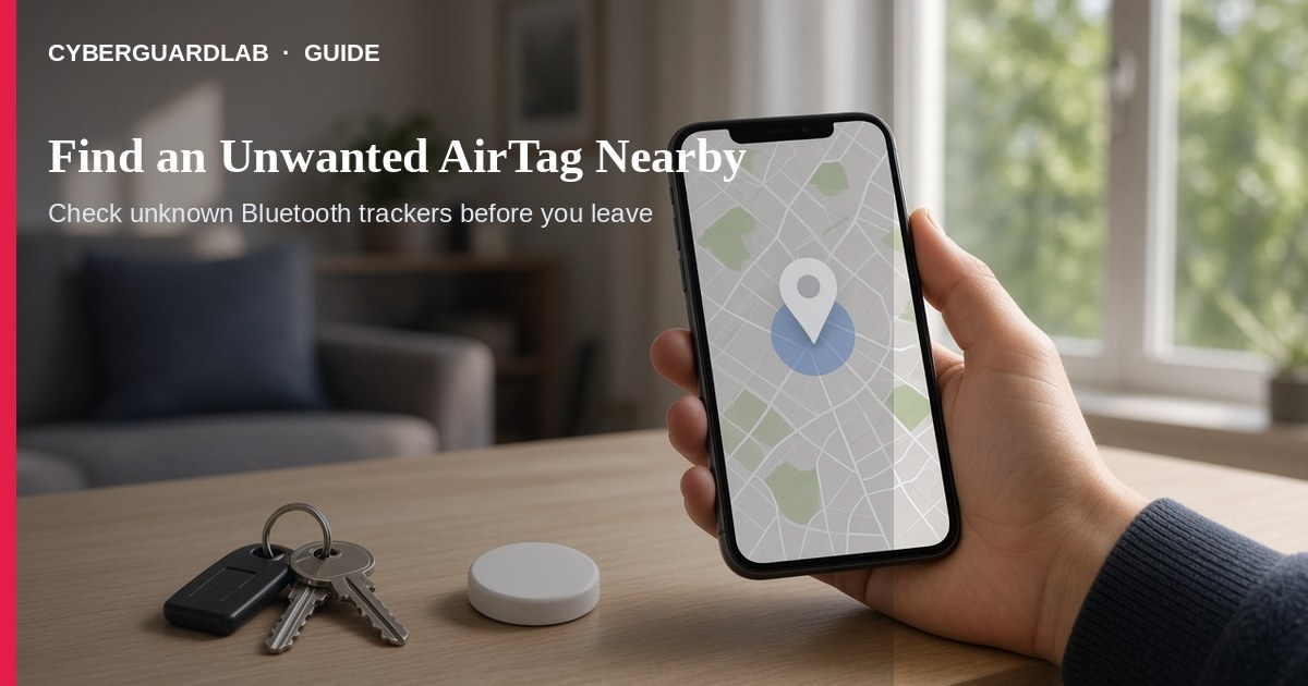 Phone showing an unwanted tracker alert next to a small Bluetooth tracker tag
