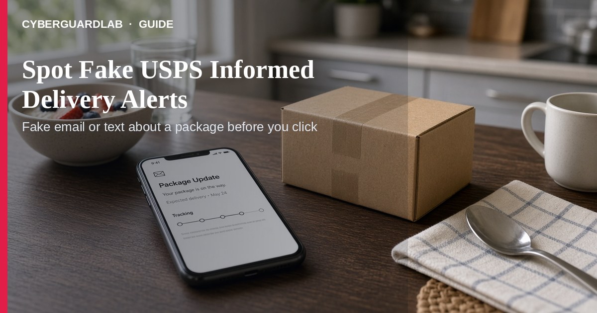 Phone and laptop showing a fake USPS Informed Delivery email next to a real usps.com bookmark