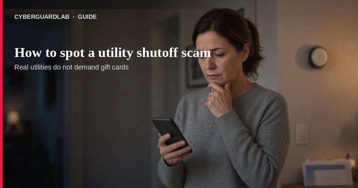 Kitchen counter with an electric bill envelope, a phone showing a shutoff-in-one-hour text, and a sticky note to call the number on your bill