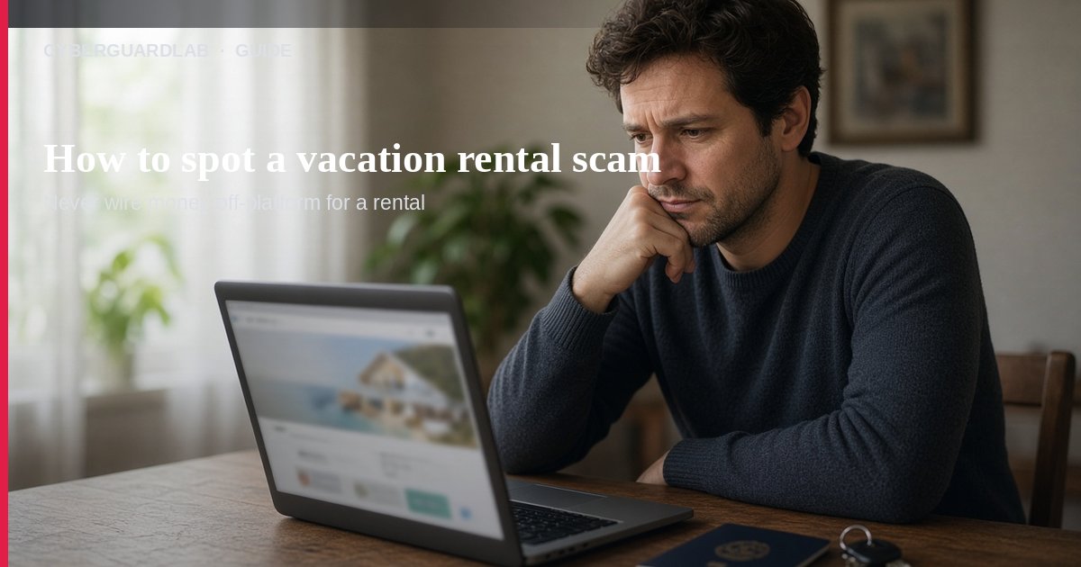 Laptop showing a too-good vacation listing beside a suitcase on a desk, suggesting a worried traveler checking a rental ad