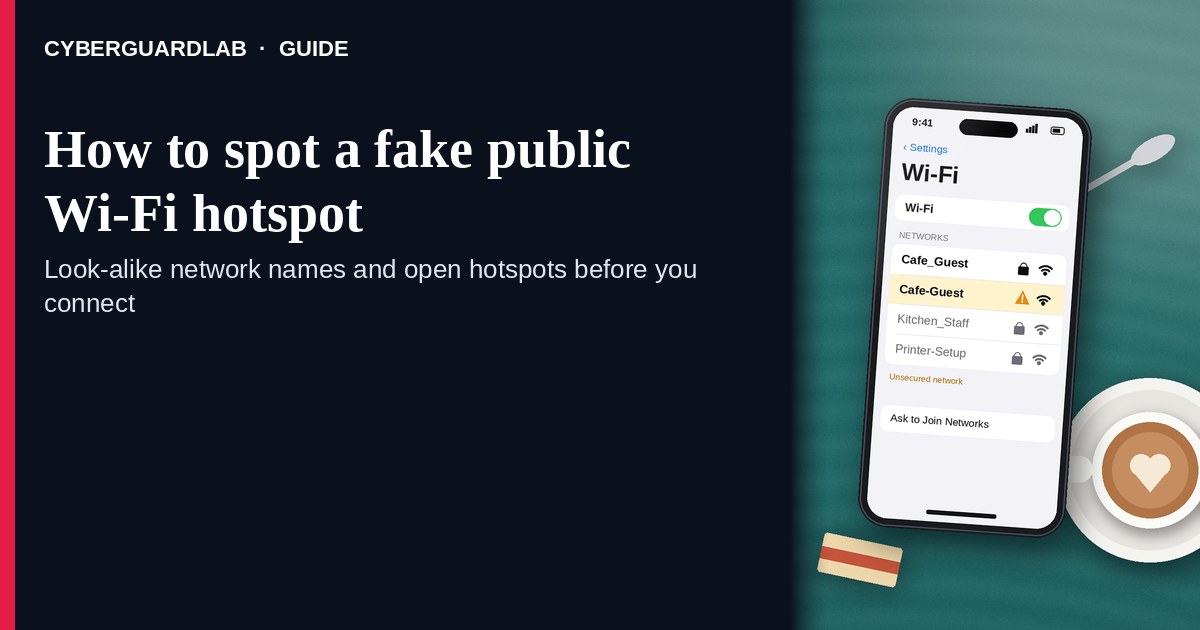 Phone Wi-Fi list showing two look-alike café network names next to a note saying ask staff first