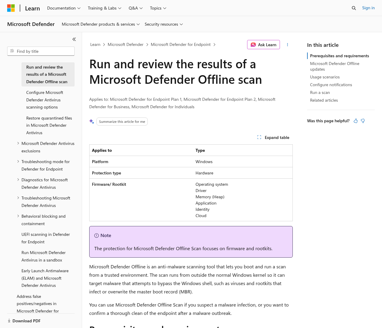 Microsoft Learn article titled Run and review the results of a Microsoft Defender Offline scan