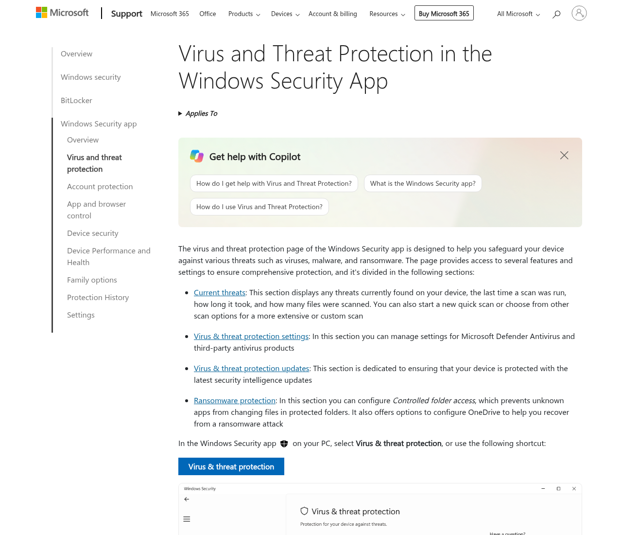 Microsoft Support Virus and Threat Protection in the Windows Security App page, where the Defender Offline support URL now lands
