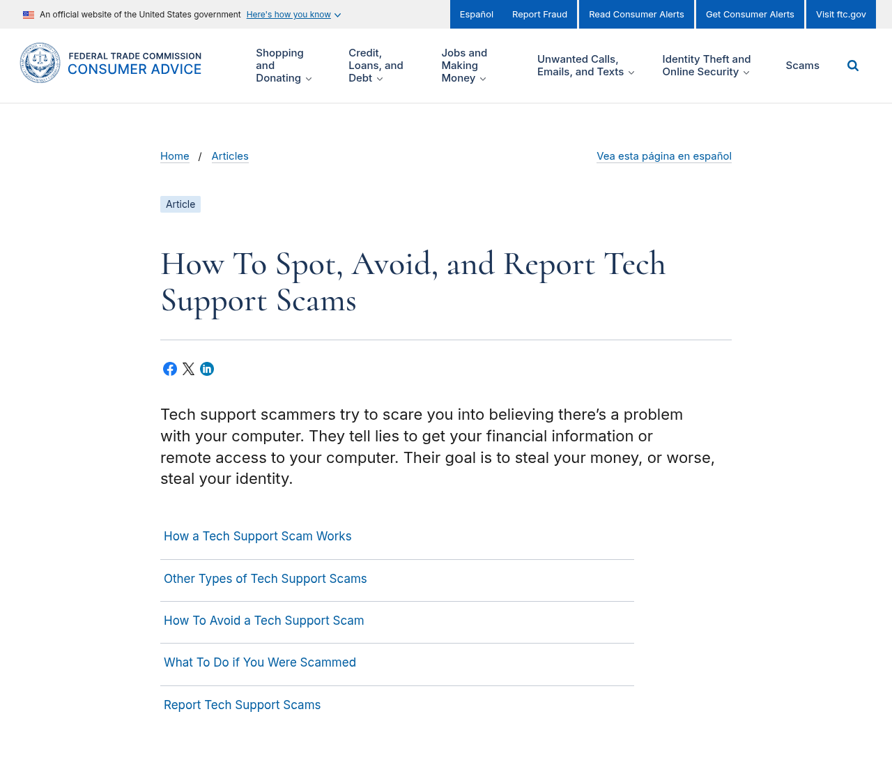 FTC Consumer Advice article titled How To Spot, Avoid, and Report Tech Support Scams