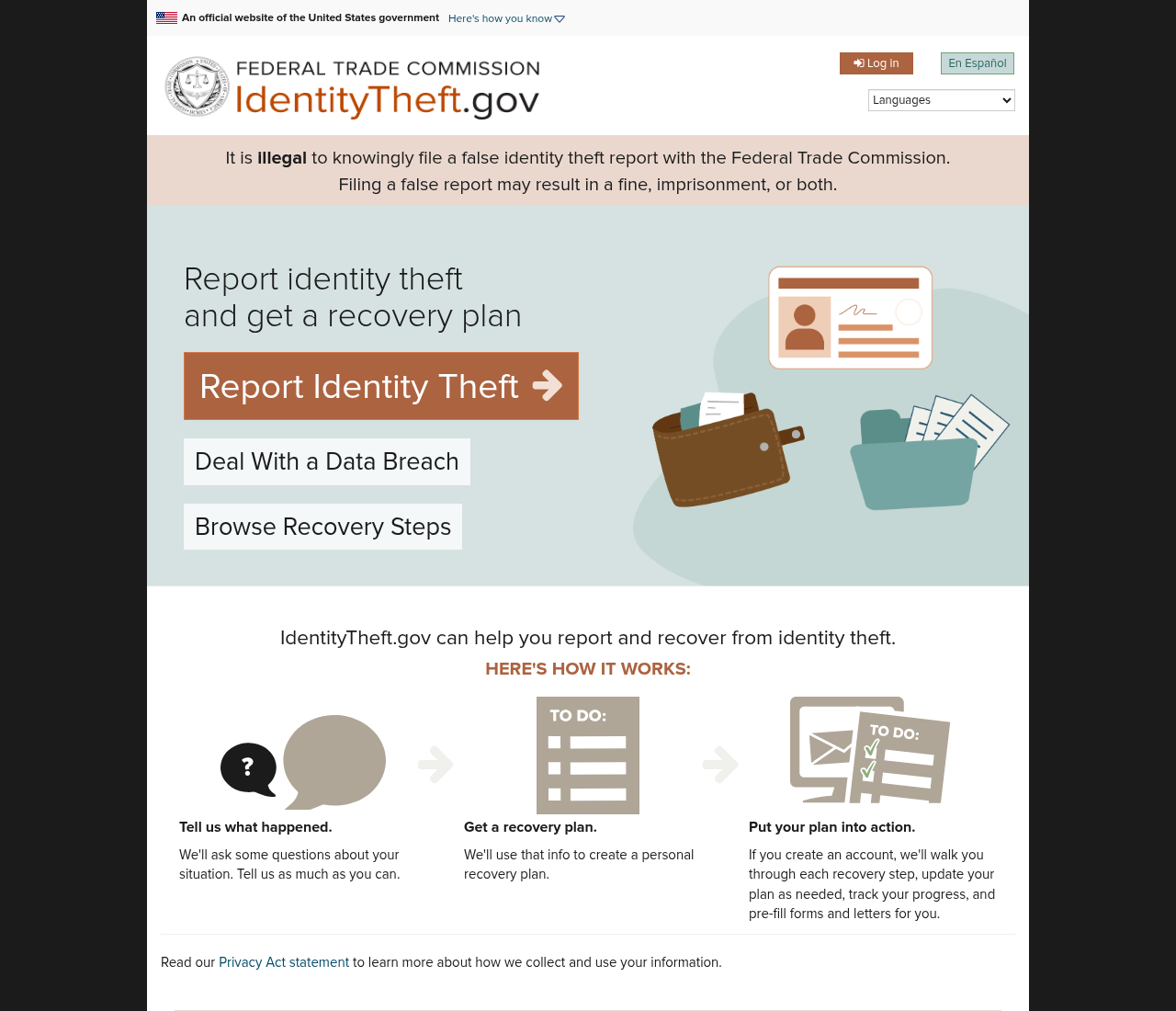 IdentityTheft.gov homepage from the Federal Trade Commission, with Report Identity Theft and recovery-plan options