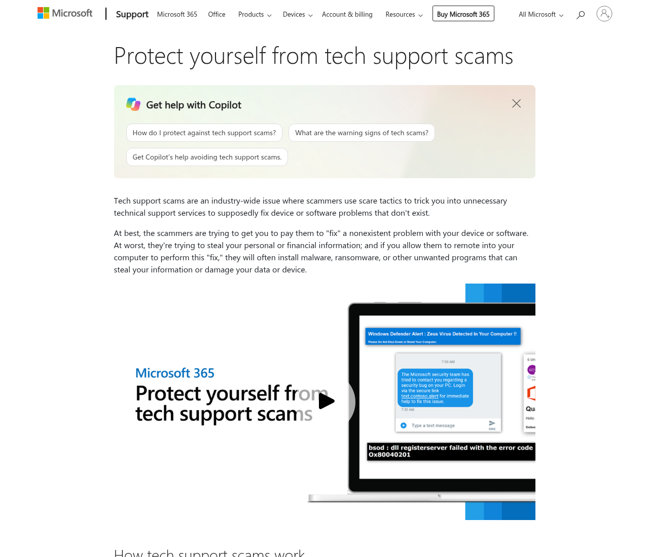 Microsoft Support page Protect yourself from tech support scams, with example fake Windows Defender and virus-alert graphics