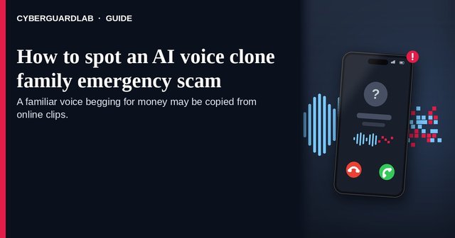 Incoming call screen with a voice waveform that breaks into pixel blocks, warning of an AI-cloned family voice